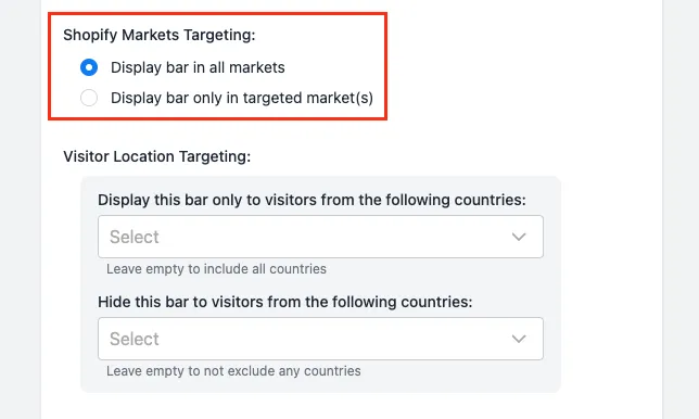 Default state of the market targeting setting, showing 'All markets' selected