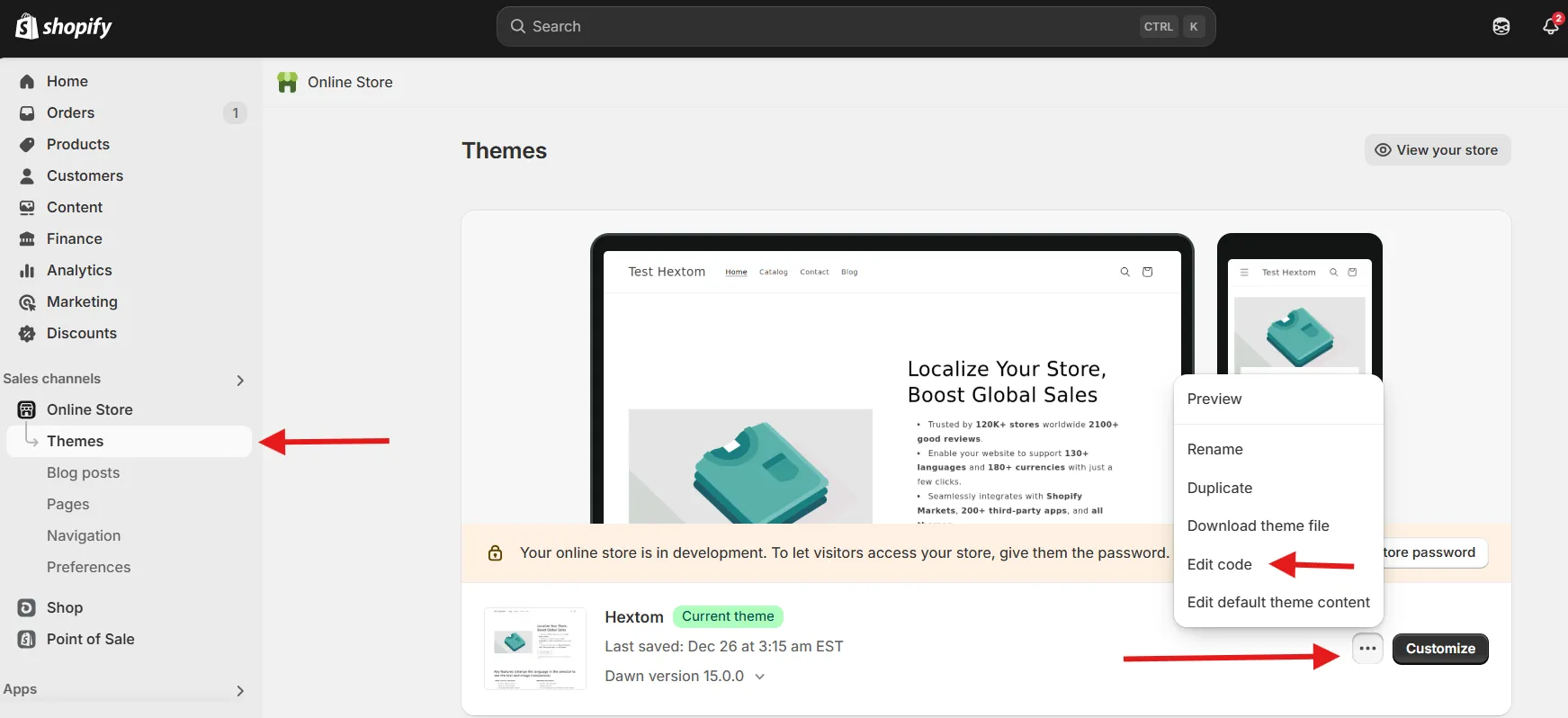 Edit Code option in the three dots menu on the theme