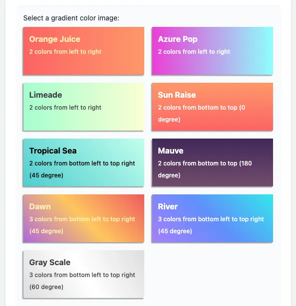 Grid of gradient color presets available to choose from