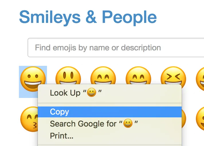 Emoji highlighted and ready to be copied from getemoji.com