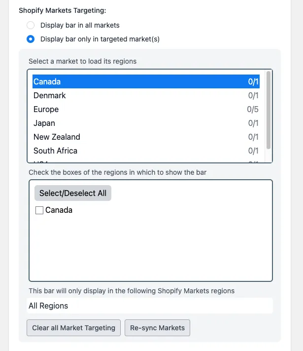 List of synced Shopify markets with the countries belonging to the selected market