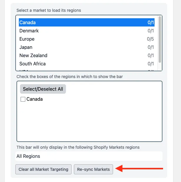 Re-sync Markets button used to refresh the available market list from Shopify