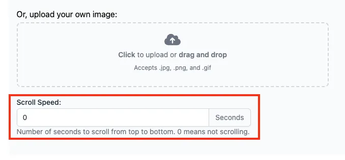 Scroll Speed setting for the fitted image background, specifying seconds per full scroll cycle