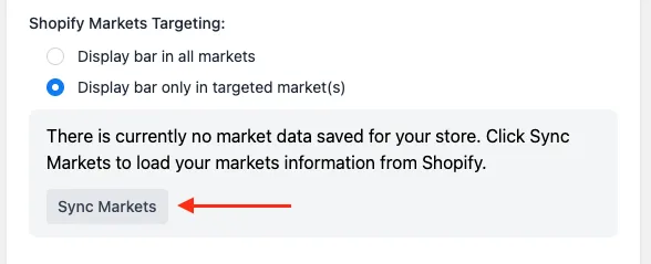 Sync Markets button used to pull market data from Shopify into the app