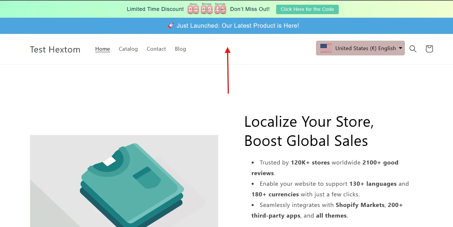 Result showing two bars at the top after inserting the placeholder code in theme.liquid